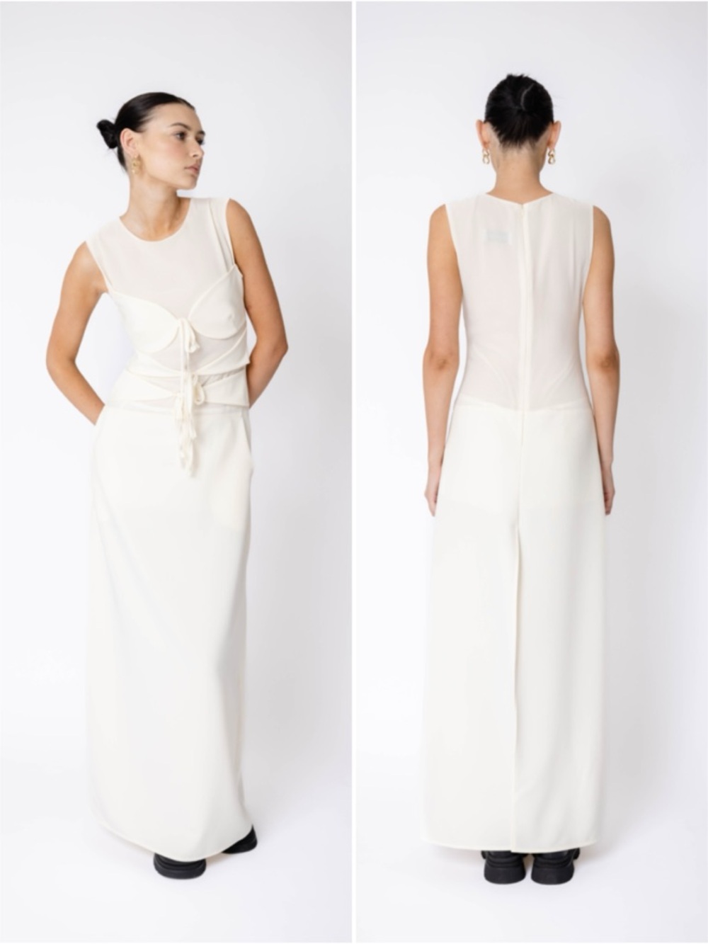 The NKC Store Cream Maxi Dress Sheer Corset Bodice Minimalist Elegant One Size